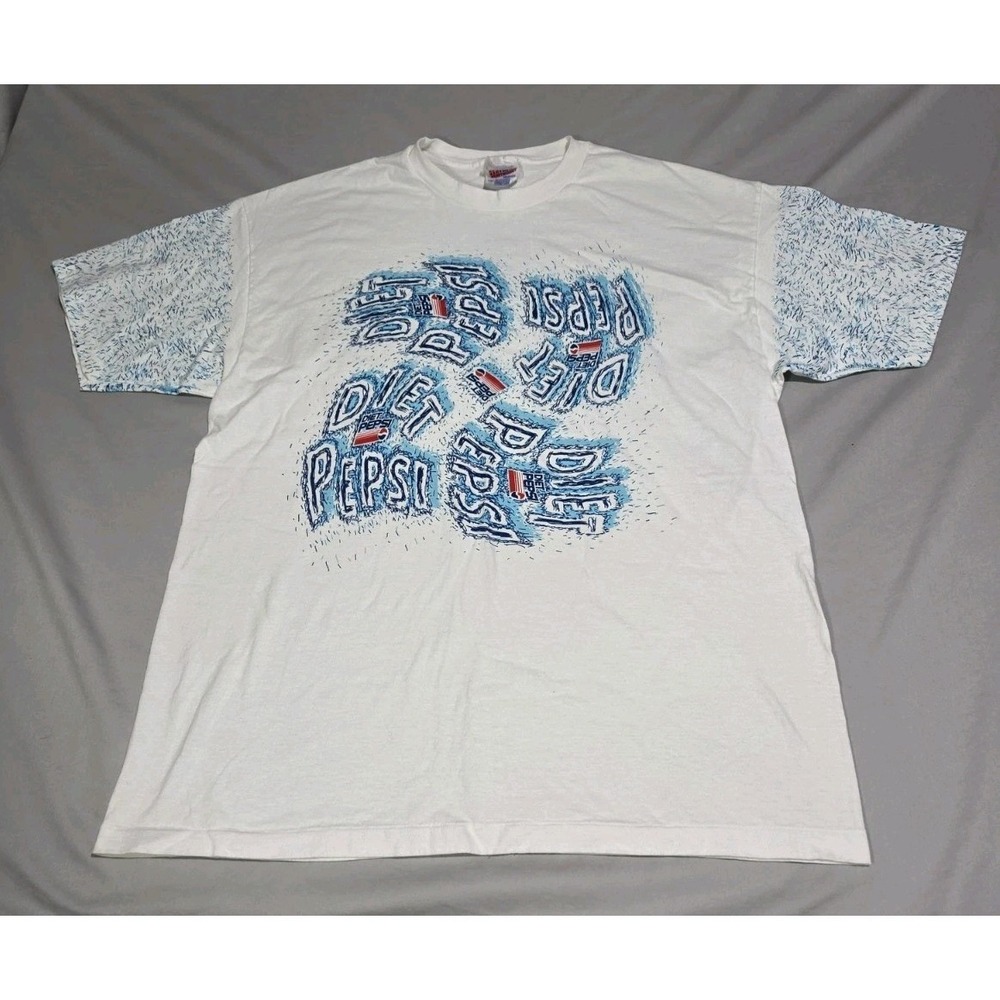 Pepsi Diet Pepsi‎ T-Shirt XL White 90s Vintage Graphic AOP Sleeves Single Stitch